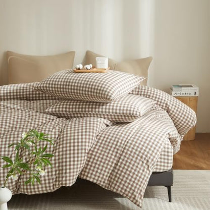 Gingham Duvet Cover Set 3 Piece 100% Washed Cotton Linen Feel Modern Plaid Checkered Bedding Comfy Breathable (Brown/White Gingham, Full)