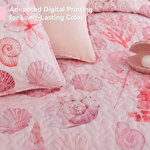 weigelia Coastal Quilt Bedding Set King Size - Lightweight Summer Bedspread in Pink Coastal Decor, Soft Nautical Comforter for All Season for Coquette Room Decor Bedroom