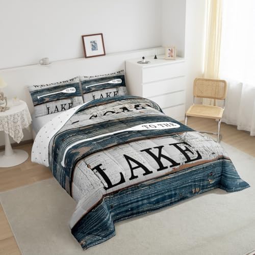 Manfei Lake House Comforter Set Toddler Size, Rustic Farmhouse Bedding Set 2pcs, Navy Blue Grey Wooden Plank Down Comforter for All Season, Kids Boys Teens Room Decor, 1 Pillowcase, No Sheets