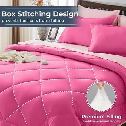 HEVUMYI 7-Piece Full Comforter Set, Hot Pink & Baby Pink Bed in a Bag