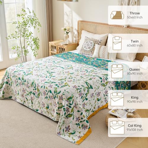 VANJOROY Boho Throw Blanket, 100% Organic Cotton Breathable Skin-Friendly Ultra Soft 80" x 90" Bed Quilt Throw - Floral Rustic Decor Luxury Reversible Blanket for Sofa Couch Chair and Gift,