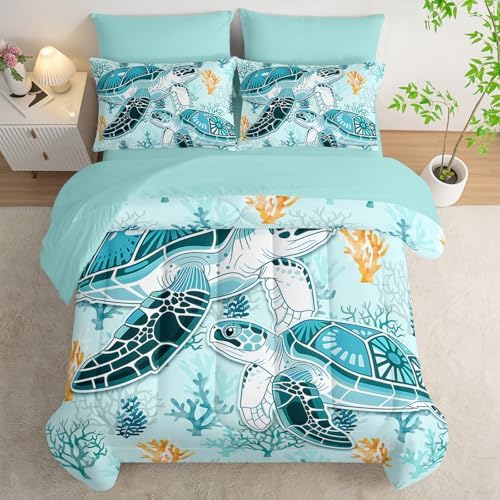 HOSIMA 7Pcs Sea Turtle Comforter Set Ocean Themed Bedding King for Kids.