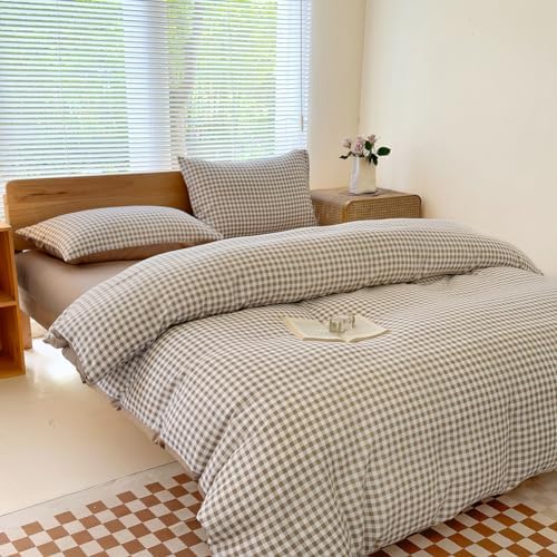 NSNLGSGC Tan Gingham Grid Twin Size Duvet Cover Set