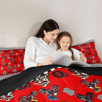 Feelyou Dirt Bike Comforter Set Full Size Racing Motocross Rider Bedding Set for Kids Boys Girls Motorbike Duvet Quilt Motorcycle Bedroom Decor Extreme Sports Microfiber 3 Pcs with 2 Pillow Cases