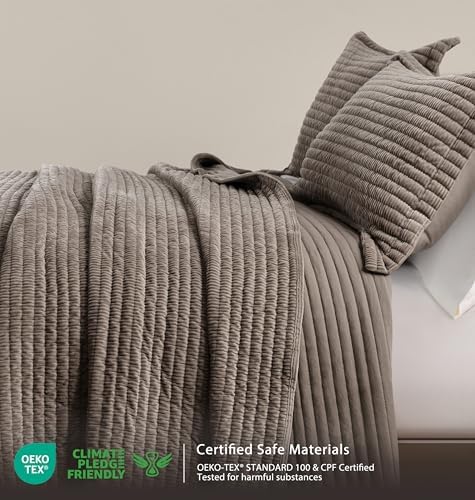 WDCOZY Velvet Queen Size Quilt Set - Beige Striped Soft Lightweight Bedspread, Tan Neutral Ribbed Farmhouse Country Rustic Coverlet, Taupe Camel Modern Bedding Kakhi Warm Thin Comforter, 3 Pieces