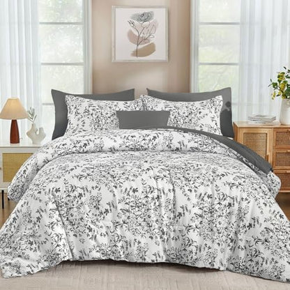 Queen Size Comforter Set 8 Pieces Grey Floral Bed in a Bag Comforter Sets