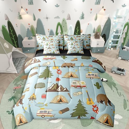 Erosebridal Camper 7 Pcs Bedding Sets for Travel Trailers Bunk,Happy Camping Comforter Set Queen Bed in a Bag for Kids Boys Girls,Pine Tree Bear Duvet Insert,Camper Accessories Travel Car Flat Sheet