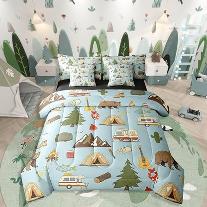 Erosebridal Camper 7 Pcs Bedding Sets for Travel Trailers Bunk,Happy Camping Comforter Set Queen Bed in a Bag for Kids Boys Girls,Pine Tree Bear Duvet Insert,Camper Accessories Travel Car Flat Sheet