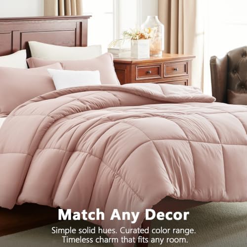 CozyLux Queen Size Comforter Set, 3-Piece Box-Stitched, Dusty Pink
