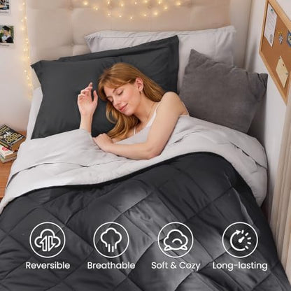 MUXHOMO 5 Pieces Twin XL Comforter Set, Reversible Bed in a Bag Twin XL Size, All Season Bedding Set with Comforter, Flat Sheet, Fitted Sheet, Pillowcases & Shams, Dark Grey & Light Grey