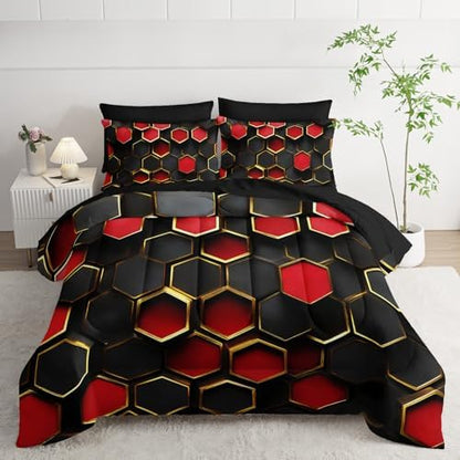 7 Piece Red and Black Comforter Set King Checkered，King Size Checkered Bedding Set，(1 Comforter, 1 Flat Sheet, 1 Fitted Sheet, 2 Pillowcase and 2 Pillow Sham)