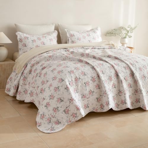 Lady Ann Cotton Floral Quilt Set, Blush Pink Rose Pattern Printed Queen Bedding Set, 3 Pcs Lightweight Scalloped Edge Ultra Soft Bedspread & Coverlet for All Season