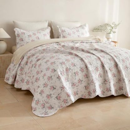 Lady Ann Cotton Floral Quilt Set, Blush Pink Rose Pattern Printed King Bedding Set, 3 Pcs Lightweight Scalloped Edge Ultra Soft Bedspread & Coverlet for All Season