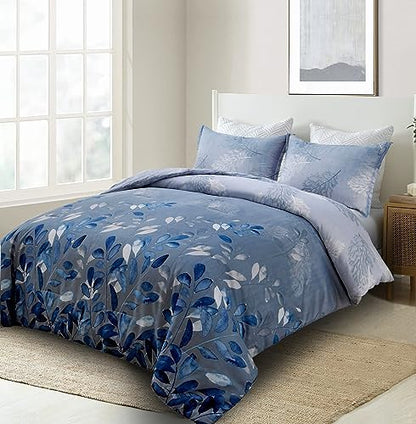 DJY Blue Comforter Set King, Navy Botanical Leaves Comforter for King Bed 3 Pieces Reversible Floral Bed Comforter Sets Soft Microfiber Bedding Set for All Season (104"x90")
