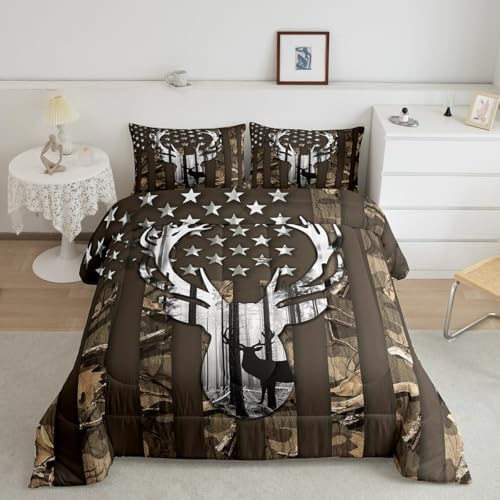 Camo American Flag Twin Comforter Set Boys,Deer Antlers Brown Camouflage Quilt Set Flags for Room Teens,Wild Animal Hunting Rustic Farm Branches Leaves Plant Stars Stripes USA Flag Bedding Set