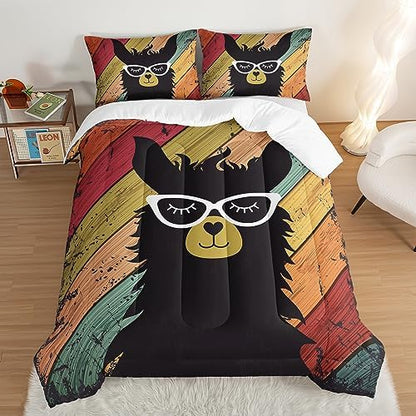 HOSIMA Llama Comforter with 2 Pillowcases Funny Room Decor,with Handsome Alpaca Pattern Vintage Colorful Wood Grain Bedding Set for Boys Girls Teens,Animal Bedding King Size Comforter Set.