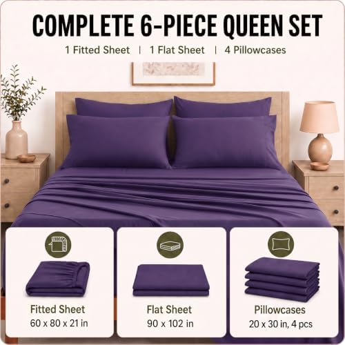 CozyLux Queen Sheet Set 6-Piece, 21-Inch Deep Pocket, Soft Brushed Feel