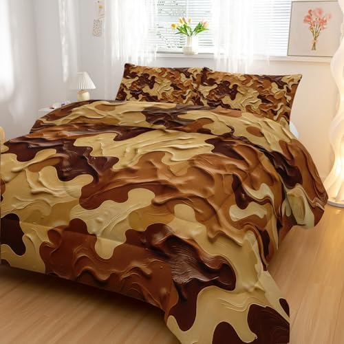 Nttopship Camouflage Bedding Set,Brown Camouflage Pattern Style Full Comforter Set for Adult Teens Camo Bed in A Bag 3 Pieces,Camo Pattern Room Decor with Comforter and 2 Pillow Case