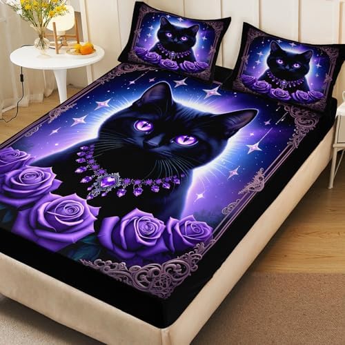 HOSIMA Cat Queen Fitted Sheet for Boys Girls,1 Fitted Sheet+2 Pillowcases.