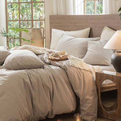 MooMee Wavy Striped Duvet Cover Set 100% Washed Cotton Linen Like Textured Breathable Durable Soft Comfy (Beige, Queen 90"x90")