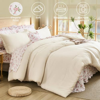 WONGS BEDDING 8PC Queen Comforter Set, Ruffle Comforter with Floral Sheets