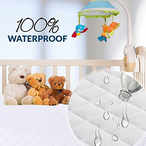 PlushDeluxe Pack and Play Mattress Protector, 39”x27”, Waterproof Playard Pack N Play Mini Crib Cover, Soft Viscose Made from Bamboo with Quilted Terry Cotton Top, Noiseless White Fitted Sheet Style