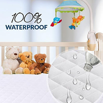 PlushDeluxe Pack and Play Mattress Protector, 39”x27”, Waterproof Playard Pack N Play Mini Crib Cover, Soft Viscose Made from Bamboo with Quilted Terry Cotton Top, Noiseless White Fitted Sheet Style