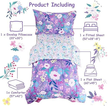 Mooreeke Toddler Bedding Sets for Girls,4 Pieces Purple Flower Printed
