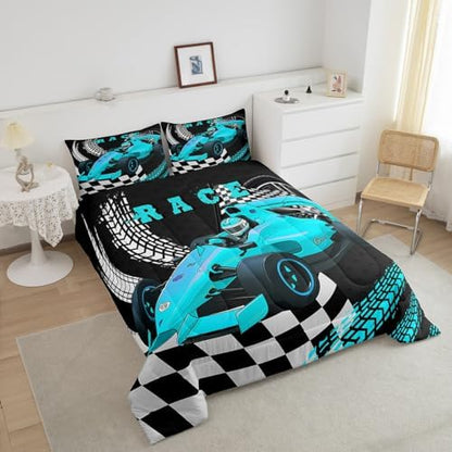 Go Kart Toddler Race Car Bed for Boys,Black and White Buffalo Checkered Drift Kart Comforter Set Toddler Bedding Set,Square Grid Plaid Lattice Quilt,Teal Karting Extreme Sport Duvet Insert Full
