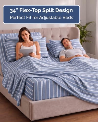 Extra Deep Flex Top Split Head King Sheet Set - 6pc Sheets - Blue Stripes