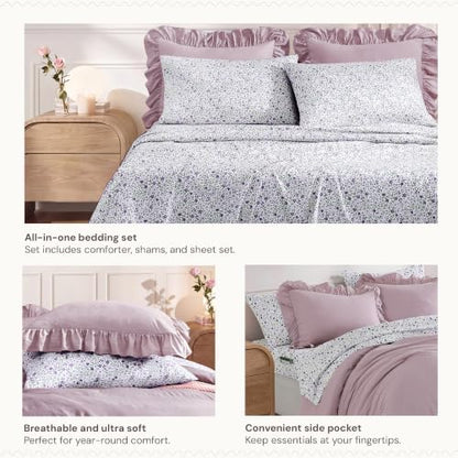 BLOOMHAVEN Twin XL Comforter Set-5 Pieces Ruffle Bedding Floral Sheet