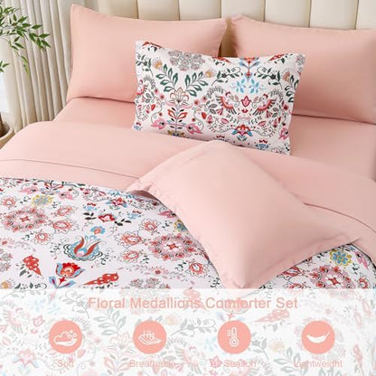 DHSFKBE Boho Comforter Set King - 7 Pieces Bed in a Bag Floral Design, Bohemian Comforter Set with Sheets, Soft Microfiber Complete Bedding Sets All Season (Light Pink, King)