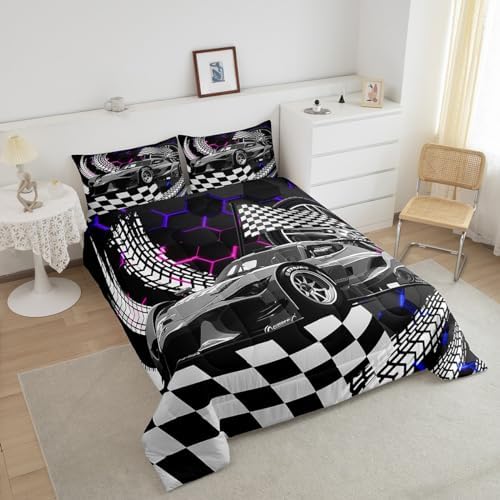 Toddler Race Car Bed for Boys,Blue Purple Neon Lights Honeycomb Bedding Set Cool Sports Car Glitter Beehive Geometric Hexagon Queen Comforter Set,Black White Grid Lattice Quilt Buffalo Plaid Decor