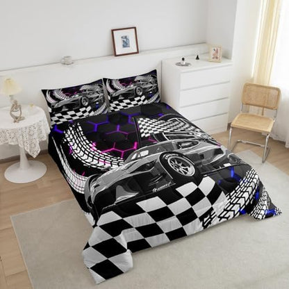 Race Cars Toddler Bedding Sets for Boys,Blue Purple Neon Lights Honeycomb Bedding Set for Boys Cool Sports Car Beehive Geometric Hexagon Comforter Set,Black White Grid Quilt Buffalo Plaid Decor