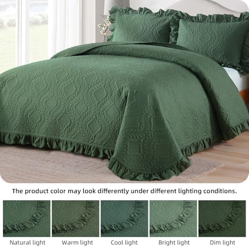 DJY Queen Quilt Set, 3 Pieces Ruffled Bedspreads Quilt, Olive Green