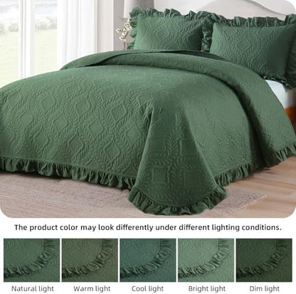 DJY Queen Quilt Set, 3 Pieces Ruffled Bedspreads Quilt, Olive Green
