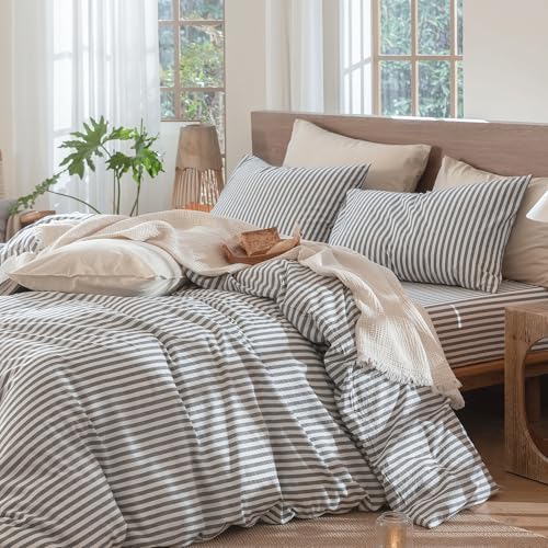 MooMee Striped Duvet Cover Set 100% Washed Cotton Linen Like Alaska King