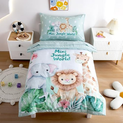 4-Piece Toddler Bedding Set for Boys - Soft & Skin Friendly Toddler Bed Set Includes Toddler Comforter, Flat Sheet, Fitted Sheet and Pillowcase (Sage Green)