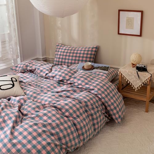 LifeTB Twin XL Comforter Set Purple Pink Plaid Bedding Comforter with 2 Pillowcases Geometric Checkered Pattern Comforter Set for All Season Fluffy Soft Lightweight Bedding Comforter Twin XL Size