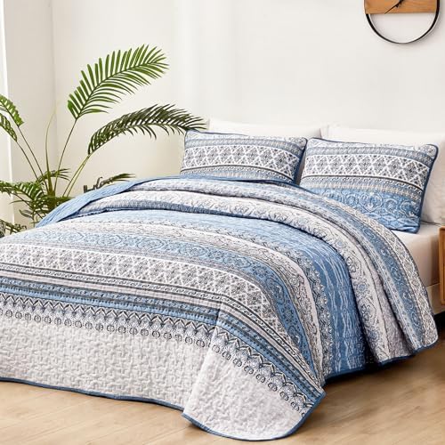 WONGS BEDDING Boho King Quilt Bedding Set, 3 Pieces Bedspread, Light Blue