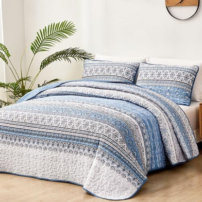 WONGS BEDDING Boho King Quilt Bedding Set, 3 Pieces Bedspread, Light Blue