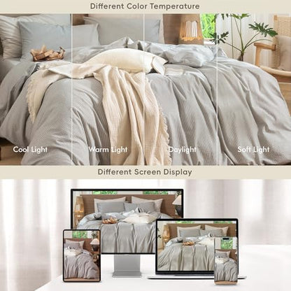 MooMee Striped Duvet Cover Set 100% Washed Cotton Linen Like King