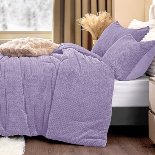 ChiXpace Fleece King Size Comforter Set Lavender, Fluffy Bed Set 3 Pieces