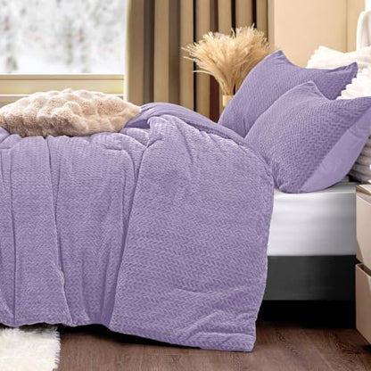 ChiXpace Fleece King Size Comforter Set Lavender, Fluffy Bed Set 3 Pieces