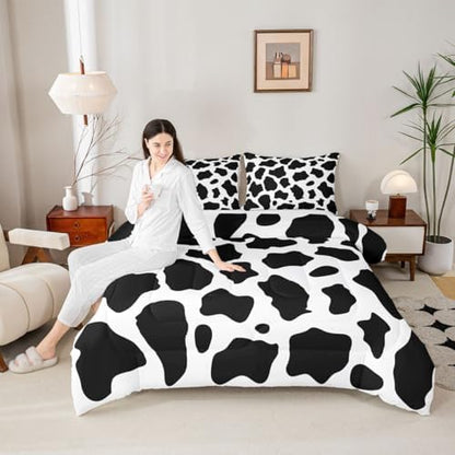 jejeloiu Cow Fur Print Bedding Set Soft for Boys Girls, Animal Skin Comforter Set King Size Cowhide Duvet Quilt Microfiber Bedroom Decor 3 Pcs with 2 Pillow Cases