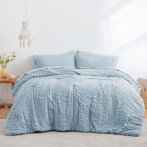 Love's cabin Seersucker Light Blue Twin Comforter Set
