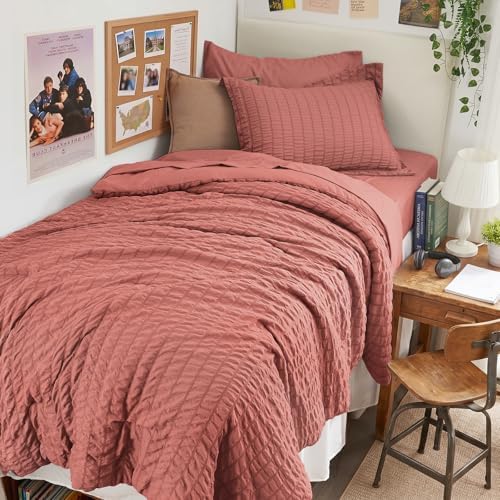 HYMOKEGE Coral Twin XL Comforter Set Seersucker 5 Pieces, All Season Luxury Bed in a Bag for Bedroom, Bedding Set with Comforter, Sheets, Pillowcase & Sham