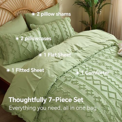 BEDELITE Full Comforter Set 7 Pieces,Boho Bed in a Bag,Sage Green