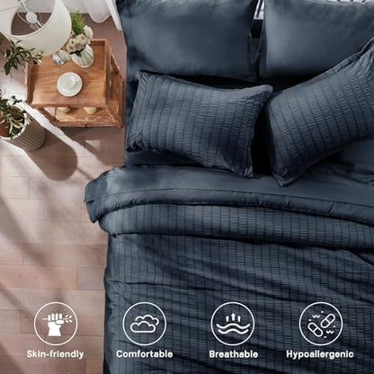 Twin Comforter Set 5 Piece, Navy Blue Bed in a Bag Twin Size Bedding Sets