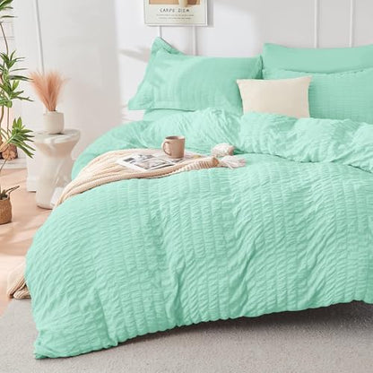 HYMOKEGE Mint Green California King Comforter Set Seersucker 7 Pieces, All Season Luxury Bed in a Bag for Bedroom, Bedding Set with Comforter, Sheets, Pillowcases & Shams